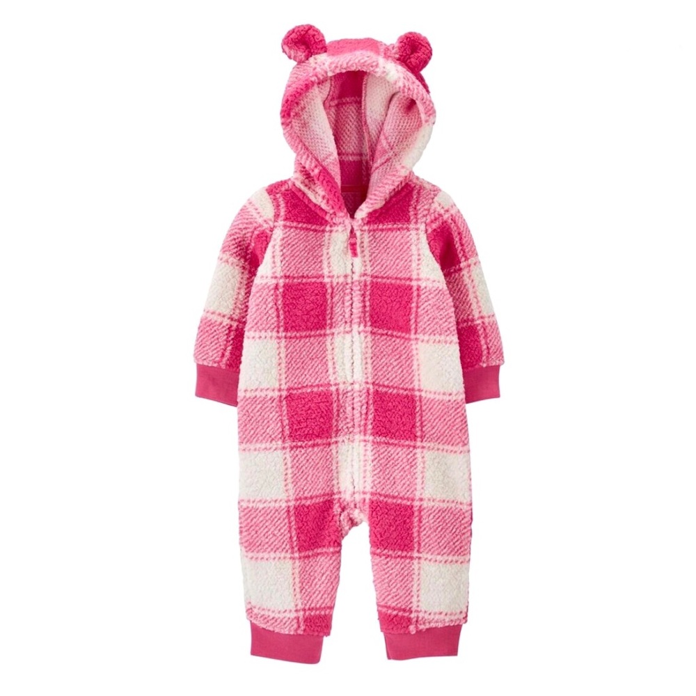 Carters Pink White Soft Plaid Sherpa Hooded Jumpsuit, snuggly bear ears 6mo NWT - Picture 1 of 12